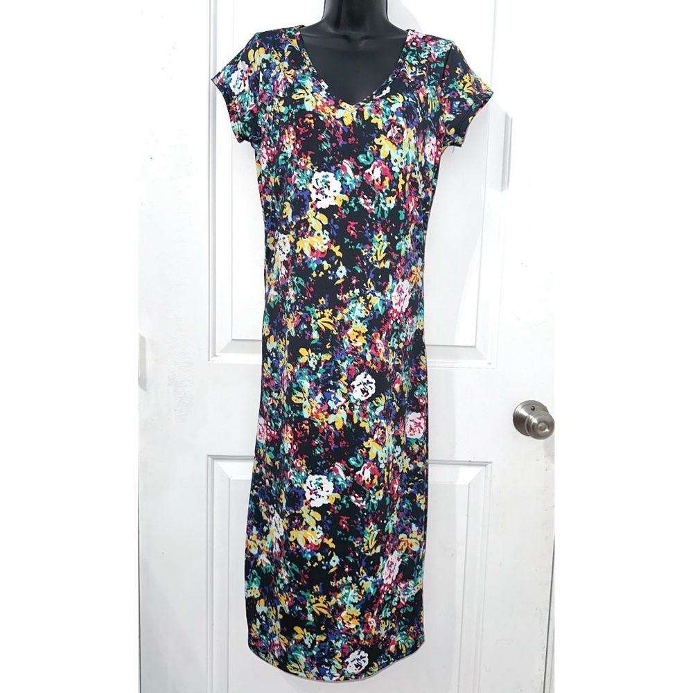 Bongo Multi Colored MIDI Black Watercolor Floral Print dress